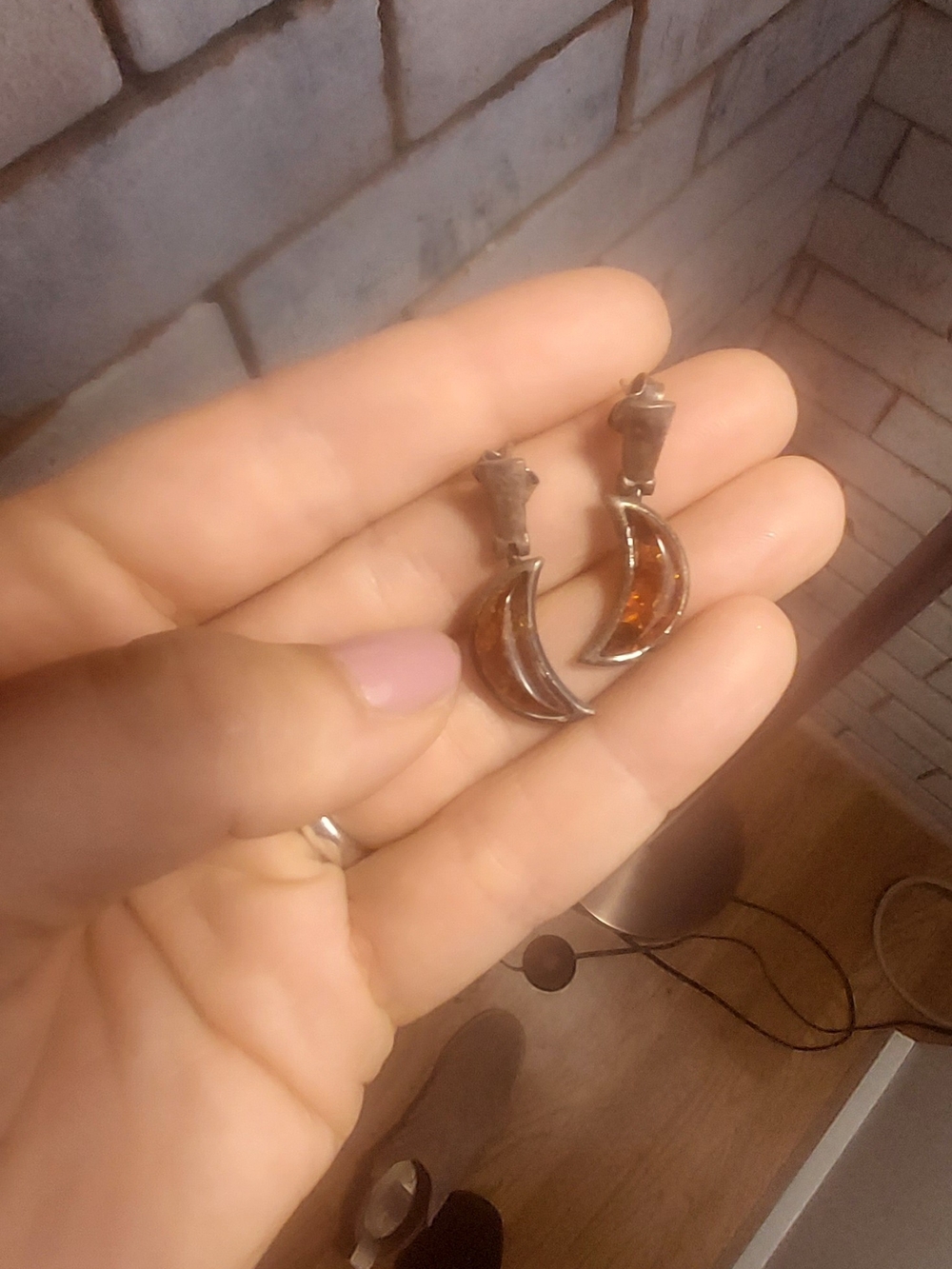 Crescent Moon Amber Drop Earrings - Sterling